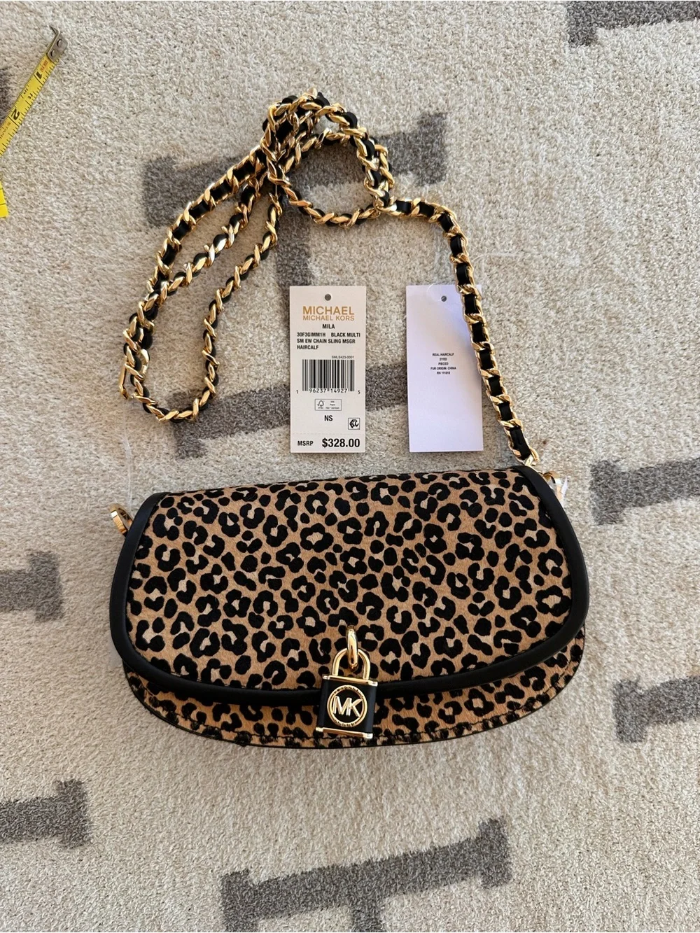 Michael Kors Leopard Print Crossbody in Tan and Black with Gold Lock